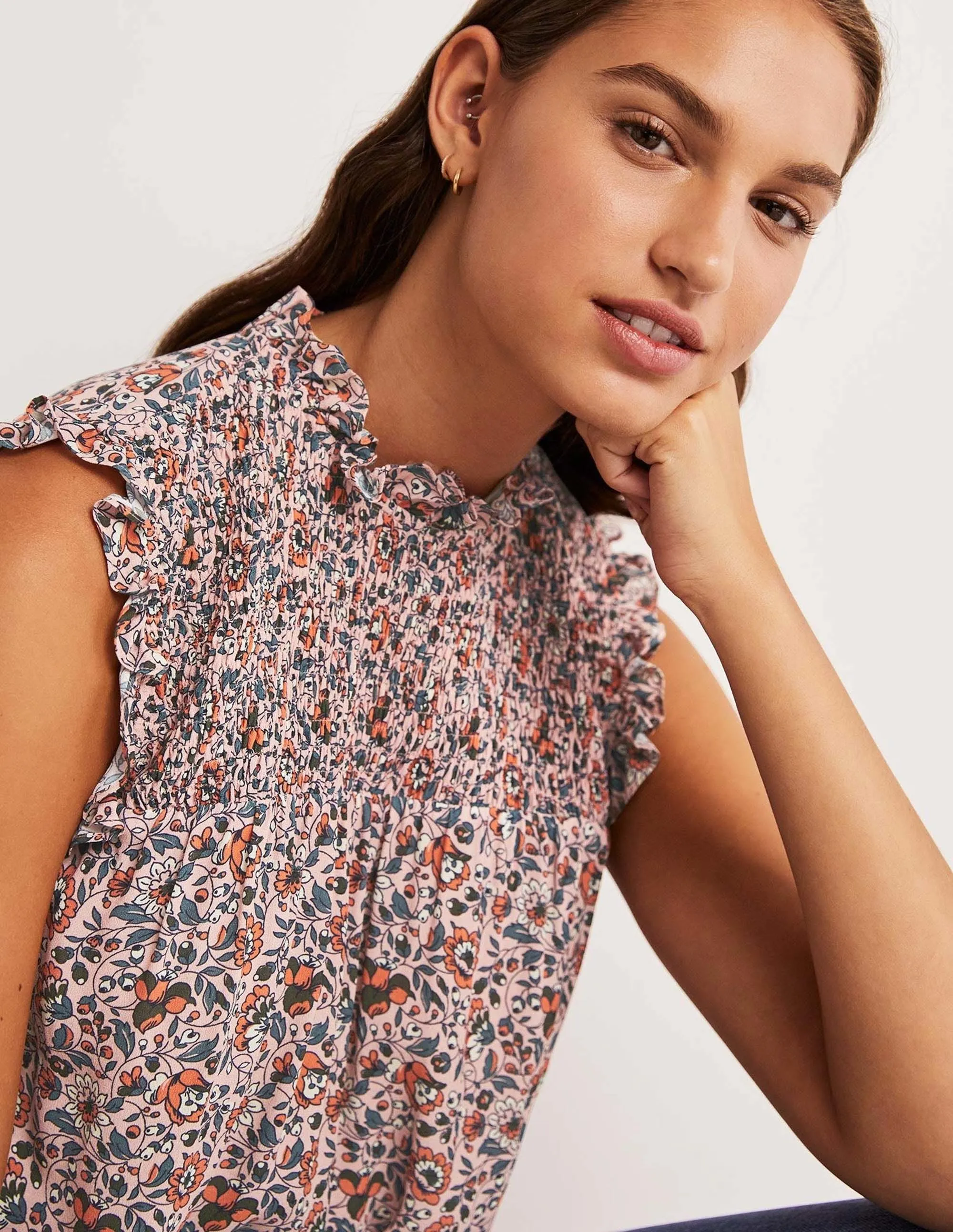 Sleeveless Smocked Top-Milkshake. Botanic Meadow