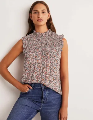 Sleeveless Smocked Top-Milkshake. Botanic Meadow