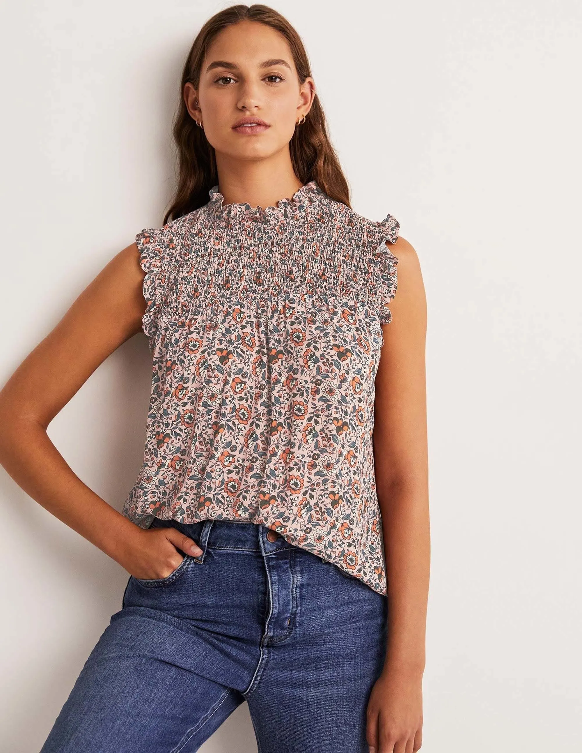 Sleeveless Smocked Top-Milkshake. Botanic Meadow