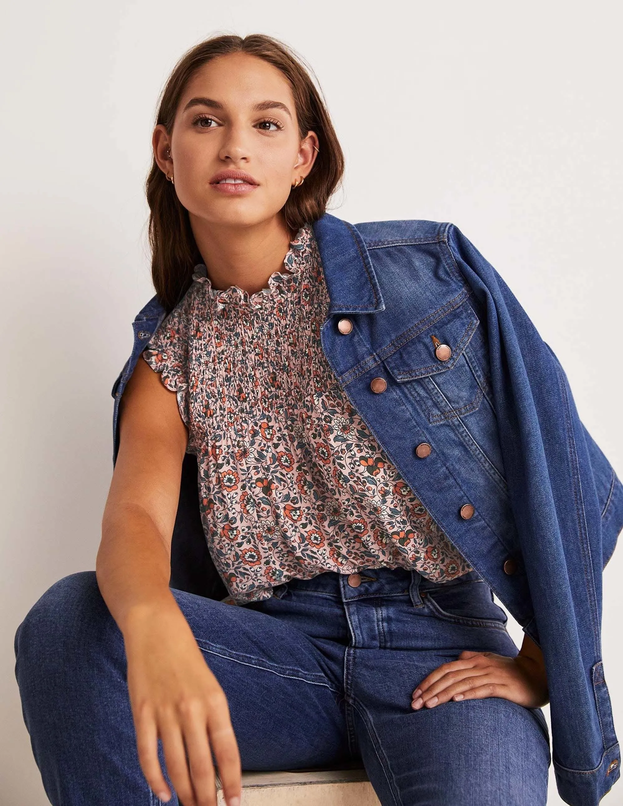 Sleeveless Smocked Top-Milkshake. Botanic Meadow