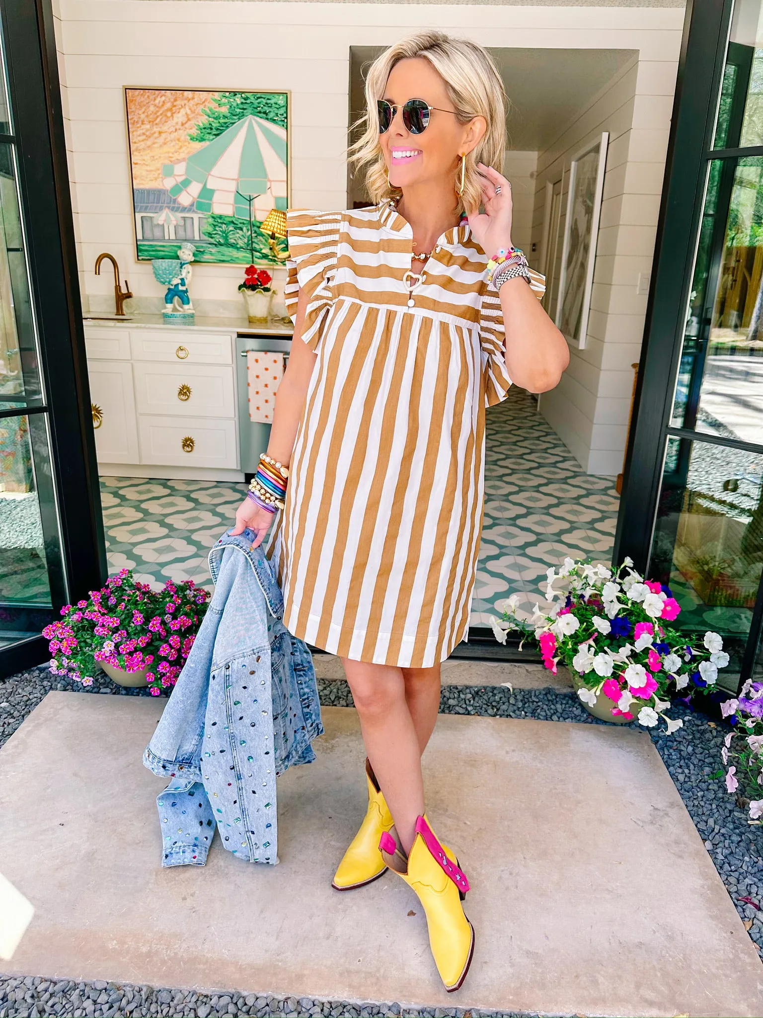 TAKE ON THE DAY STRIPE FLUTTER SLEEVE DRESS - BROWN