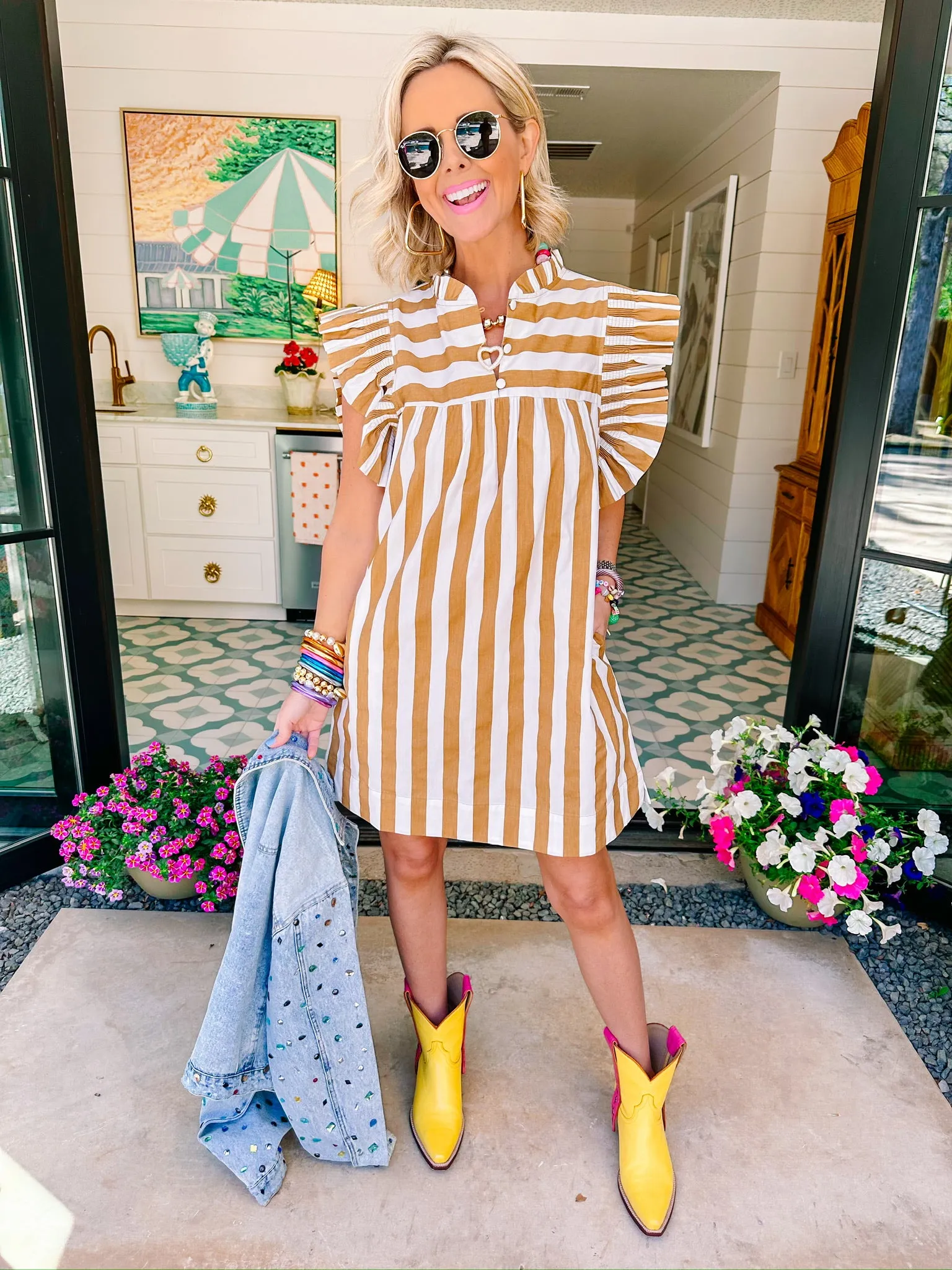 TAKE ON THE DAY STRIPE FLUTTER SLEEVE DRESS - BROWN