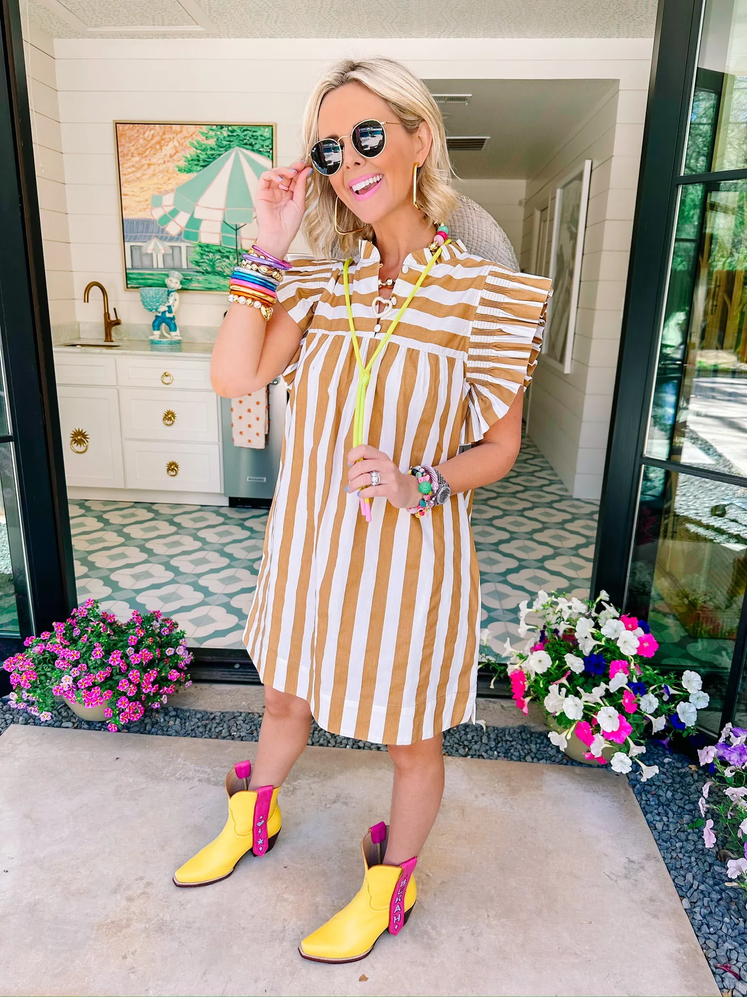 TAKE ON THE DAY STRIPE FLUTTER SLEEVE DRESS - BROWN