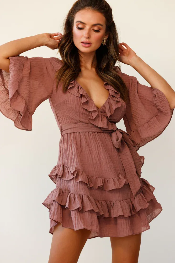 Time Will Tell Angel Sleeve Frill Detail Dress Antique Rose