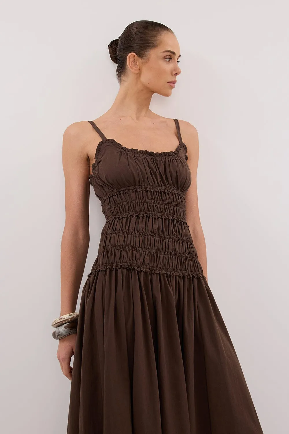 TOBY BITTER CHOC COTTON MIDI DRESS