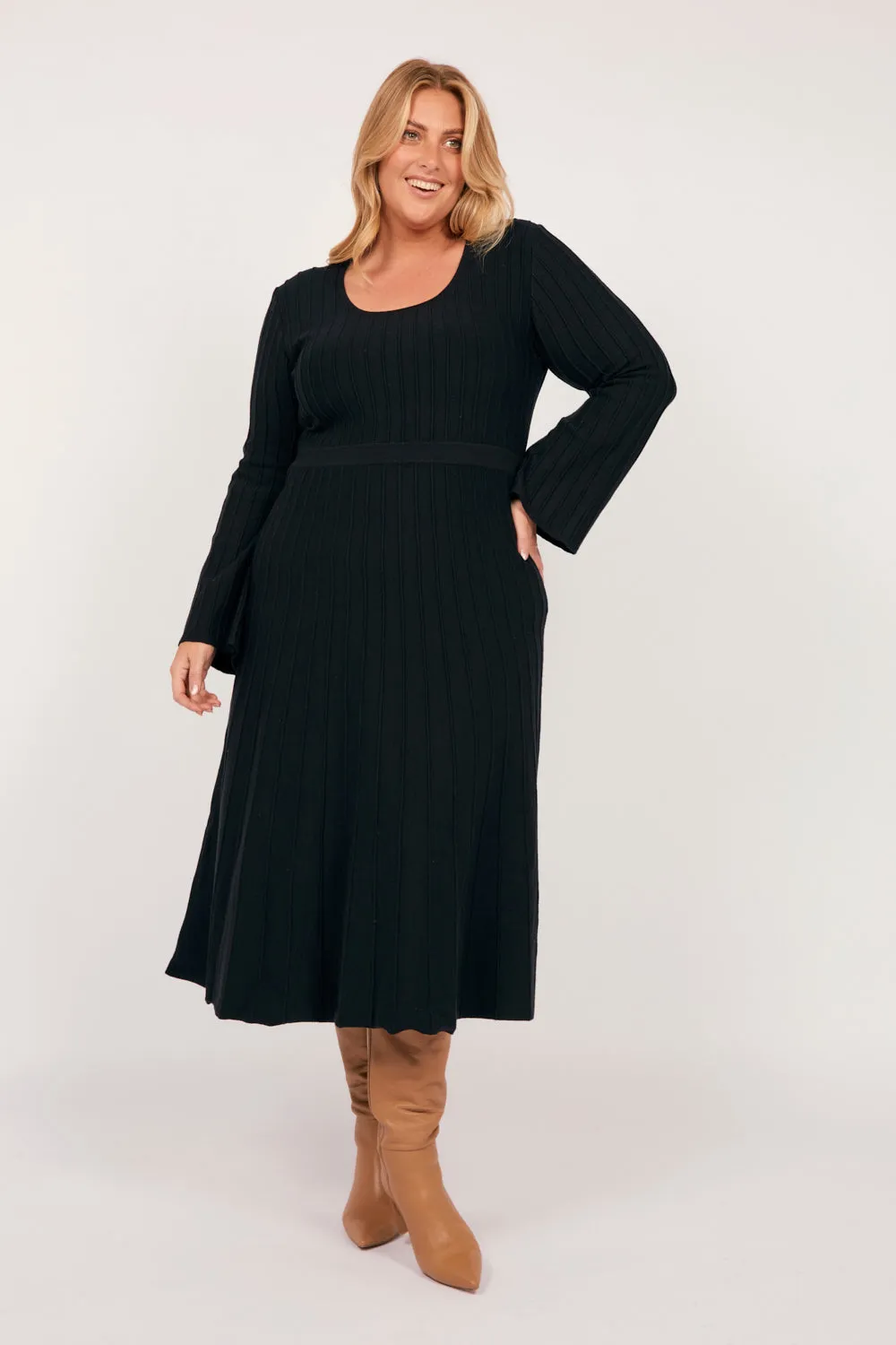 Waisted Knitted Dress in Black