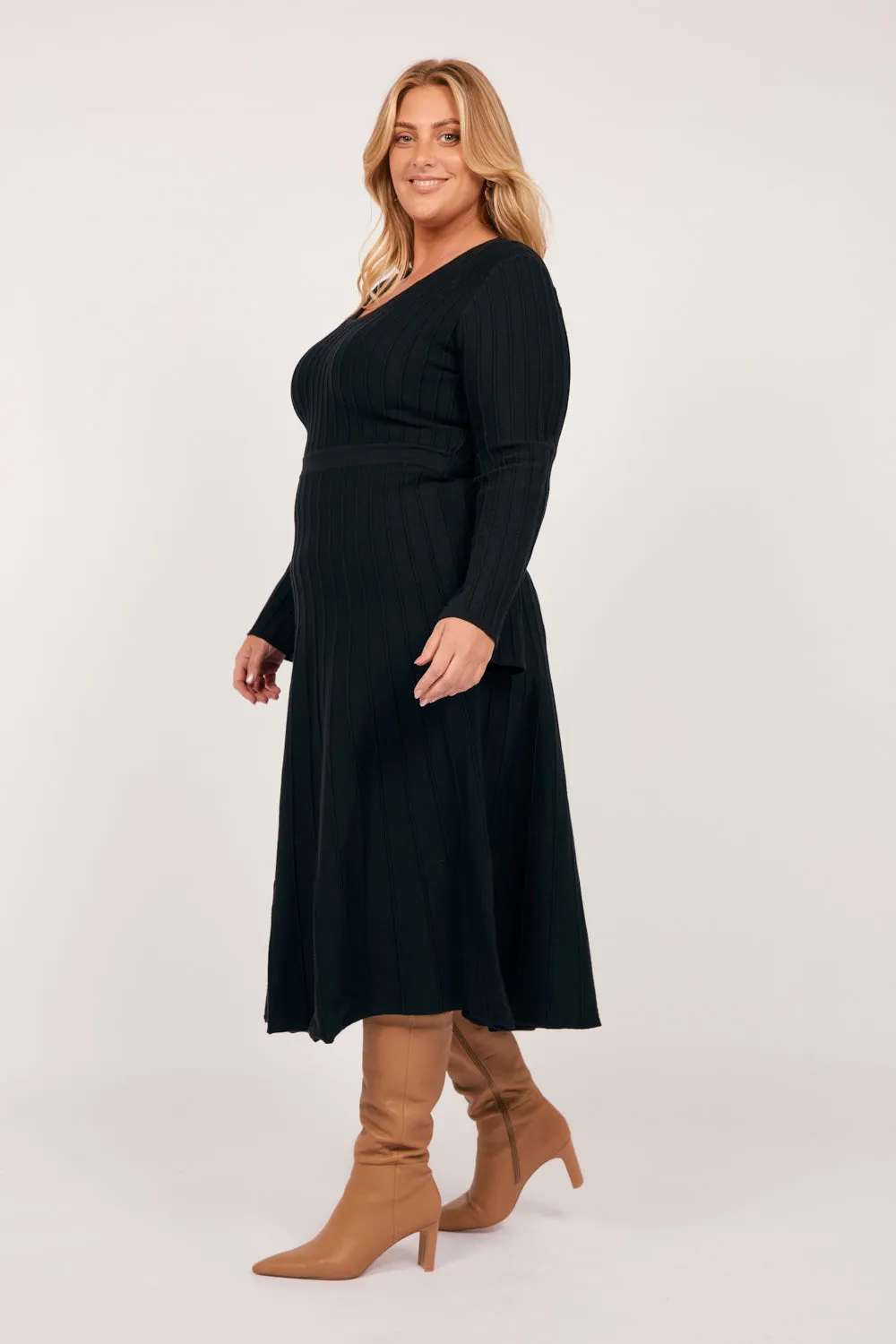 Waisted Knitted Dress in Black