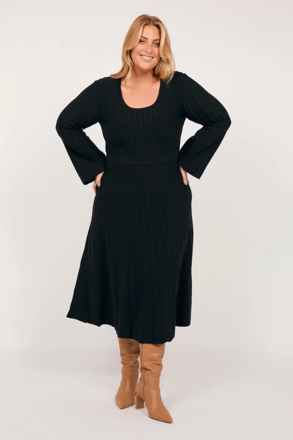 Waisted Knitted Dress in Black