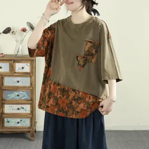 Women Spring Retro Cotton Printed Patchwork Loose Shirt