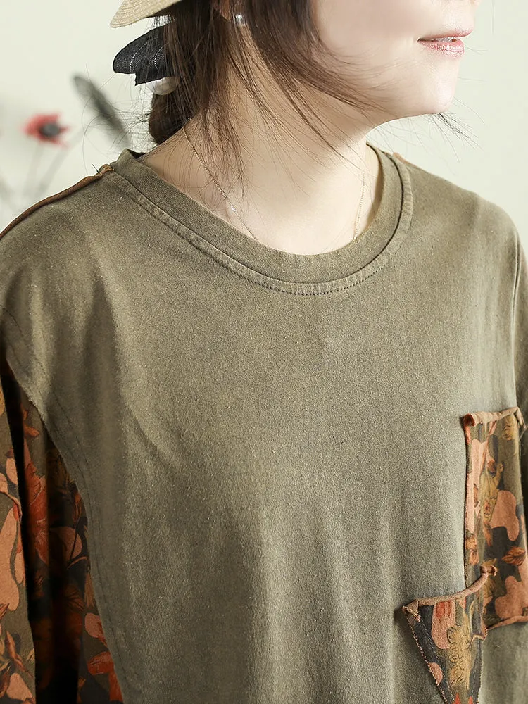 Women Spring Retro Cotton Printed Patchwork Loose Shirt