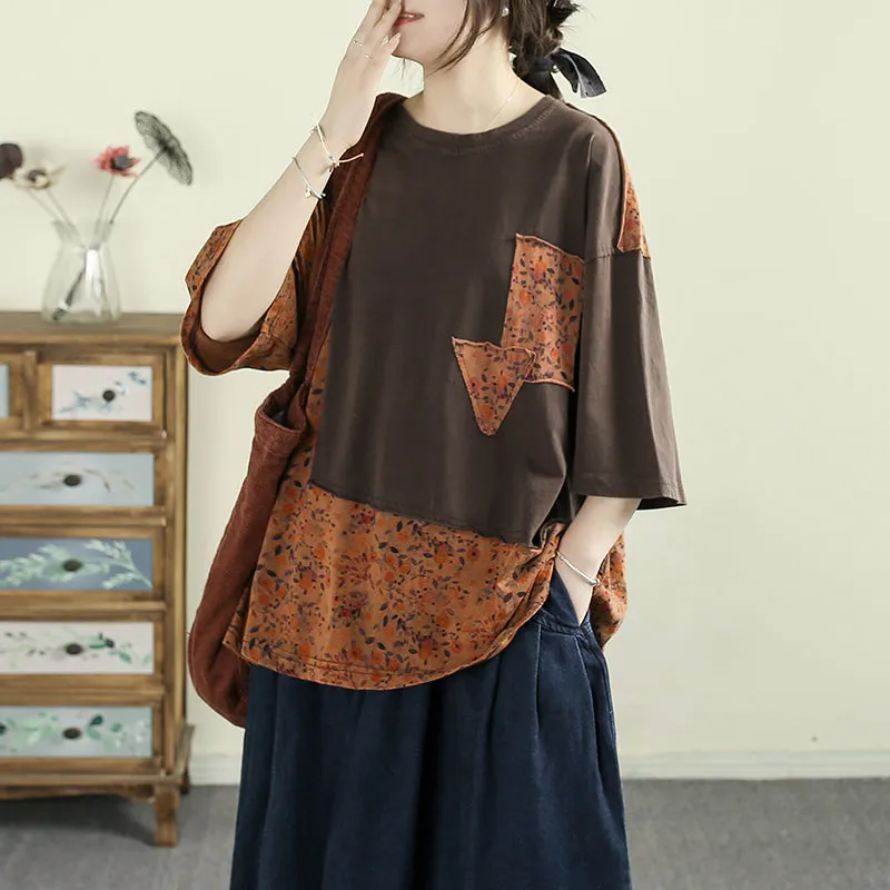 Women Spring Retro Cotton Printed Patchwork Loose Shirt