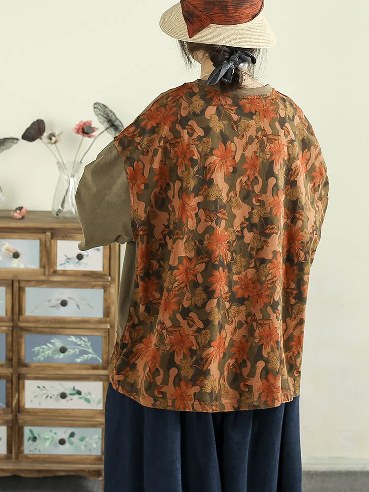 Women Spring Retro Cotton Printed Patchwork Loose Shirt