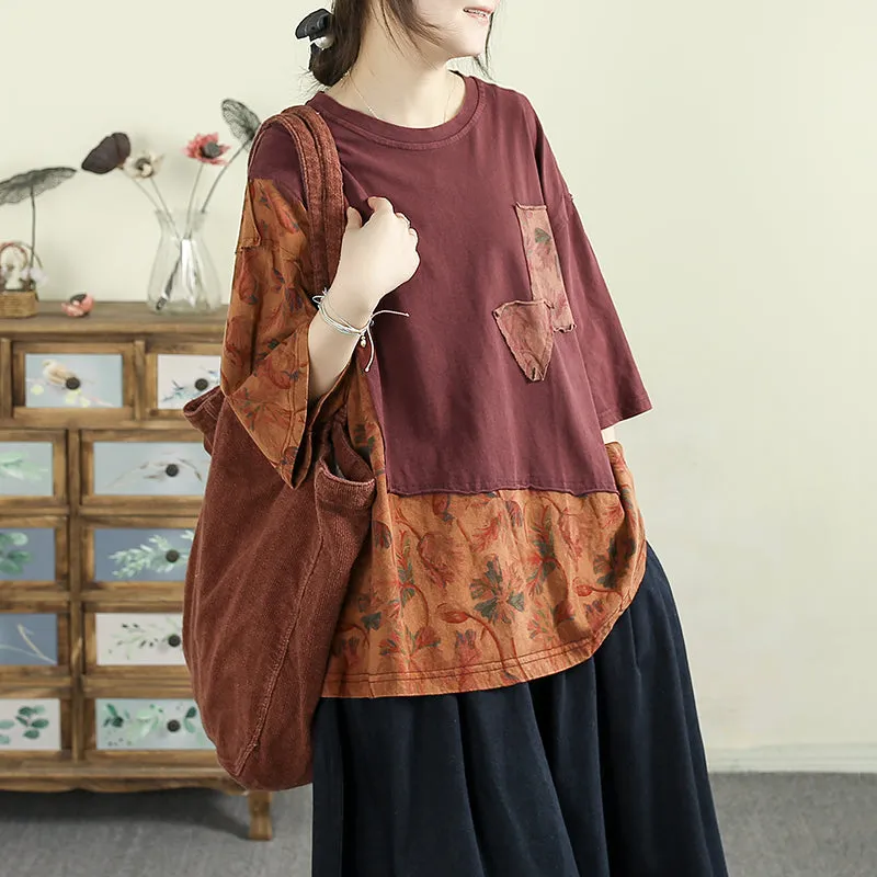 Women Spring Retro Cotton Printed Patchwork Loose Shirt