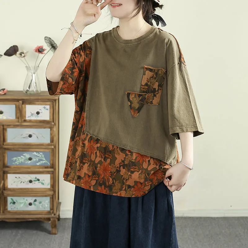 Women Spring Retro Cotton Printed Patchwork Loose Shirt
