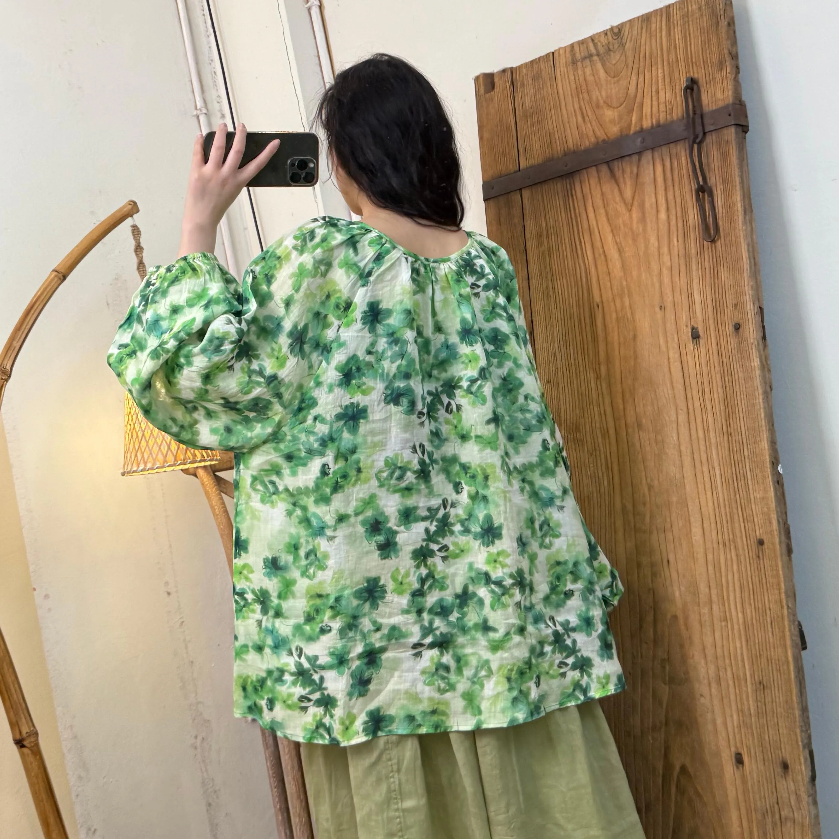 Women Spring Vintage Ramie Printed Floral Long Sleeve Shirt