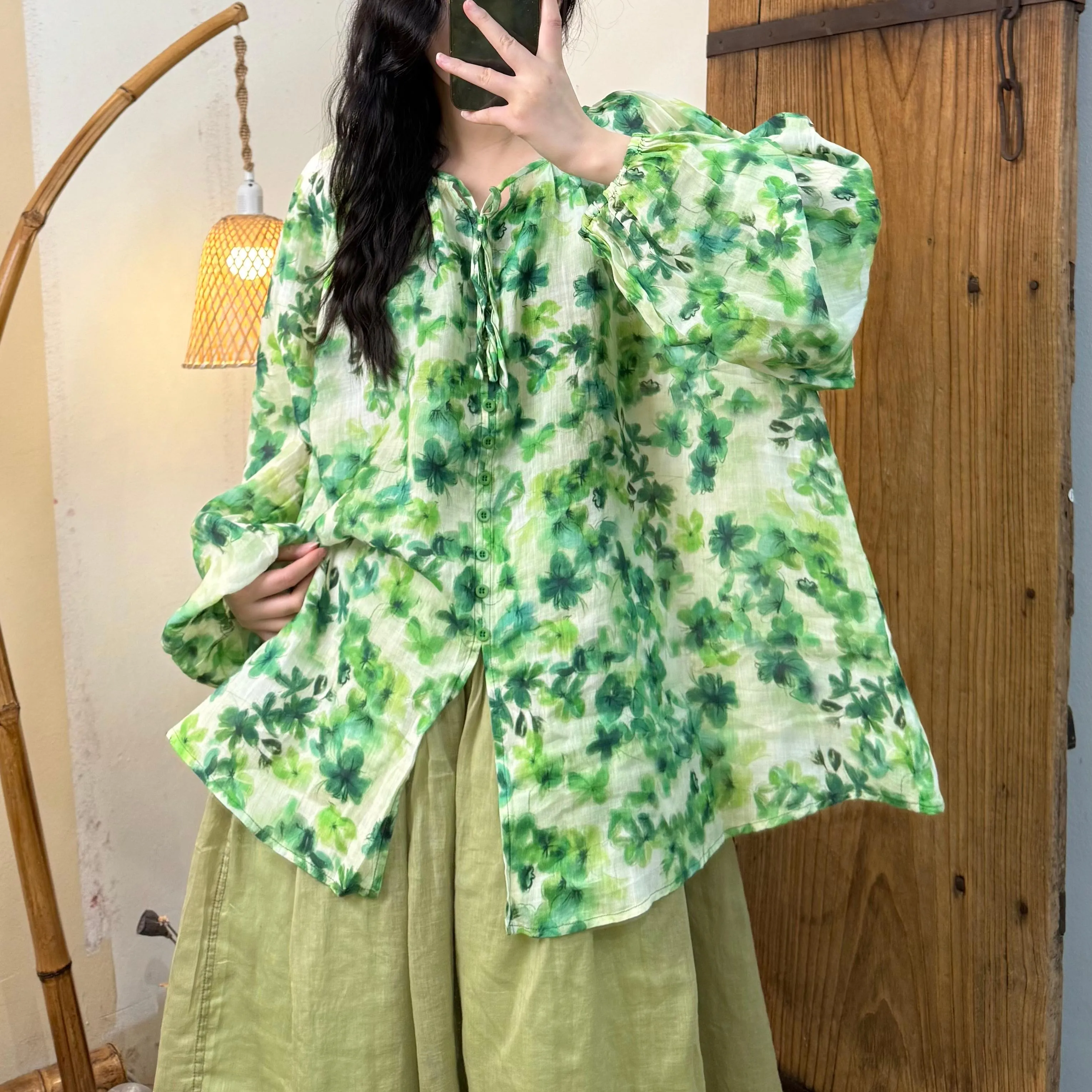 Women Spring Vintage Ramie Printed Floral Long Sleeve Shirt