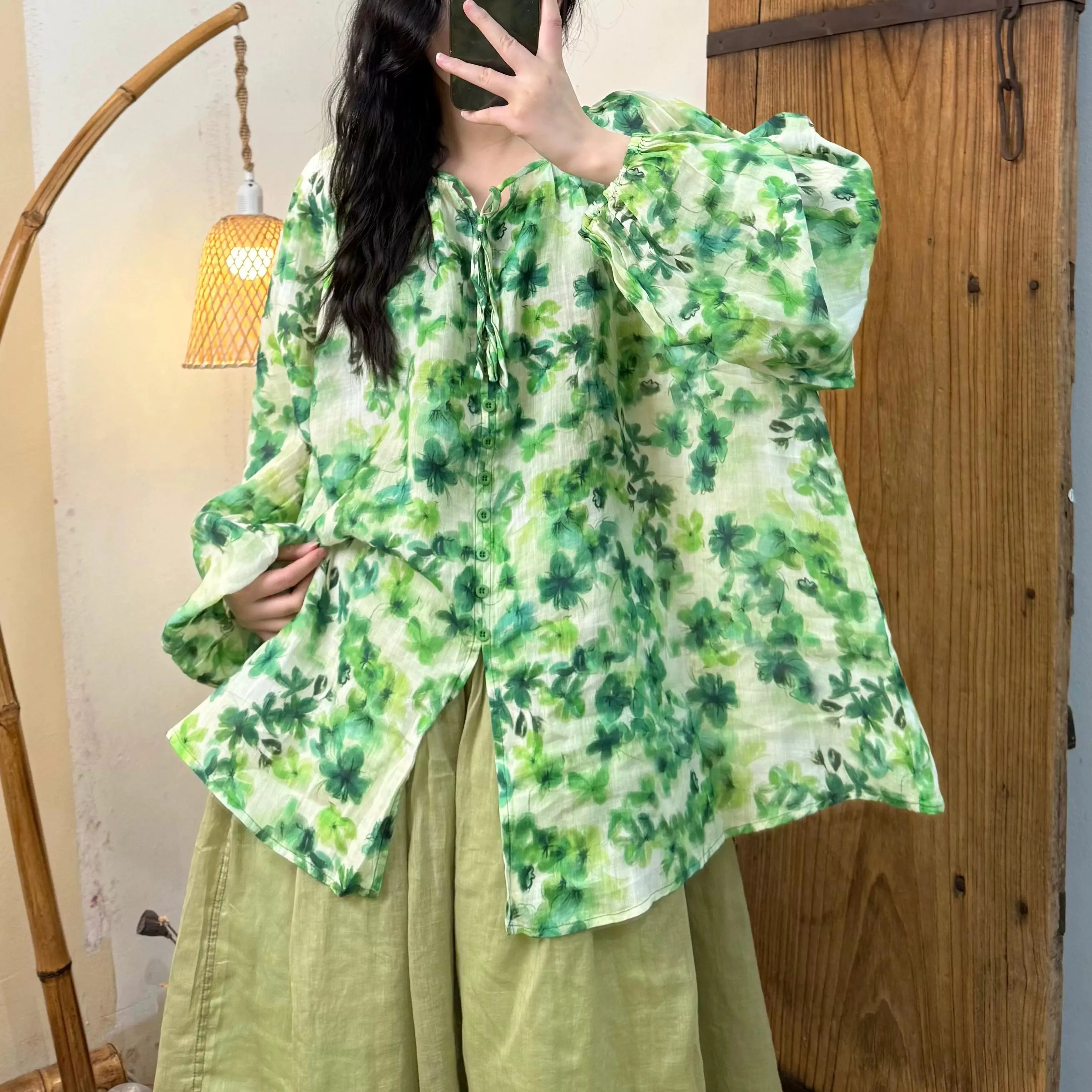 Women Spring Vintage Ramie Printed Floral Long Sleeve Shirt
