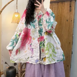 Women Spring Vintage Ramie Printed Floral Long Sleeve Shirt