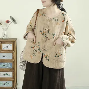 Women Spring Vintage Traditional Style Printed Floral Cotton Shirt
