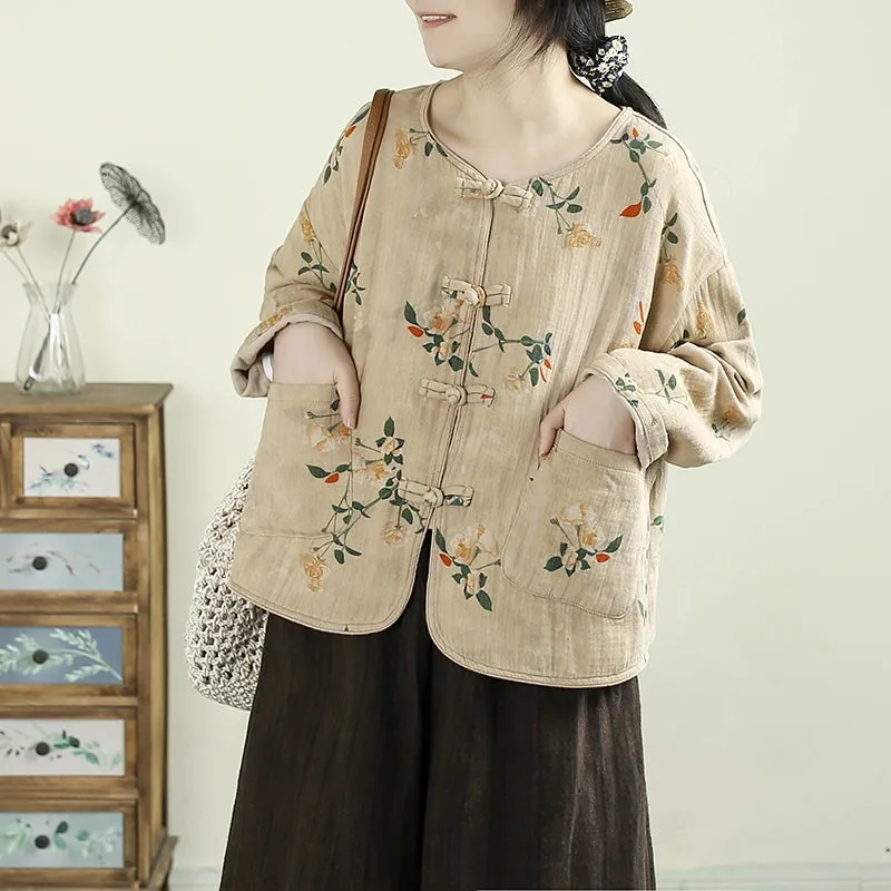 Women Spring Vintage Traditional Style Printed Floral Cotton Shirt