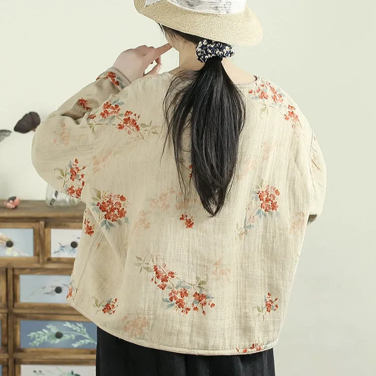 Women Spring Vintage Traditional Style Printed Floral Cotton Shirt
