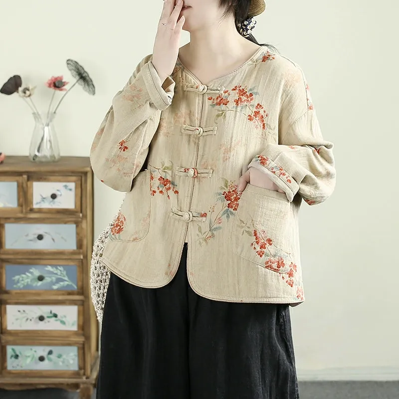 Women Spring Vintage Traditional Style Printed Floral Cotton Shirt