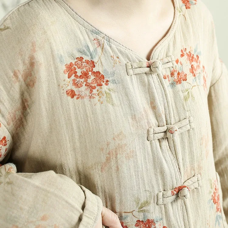 Women Spring Vintage Traditional Style Printed Floral Cotton Shirt